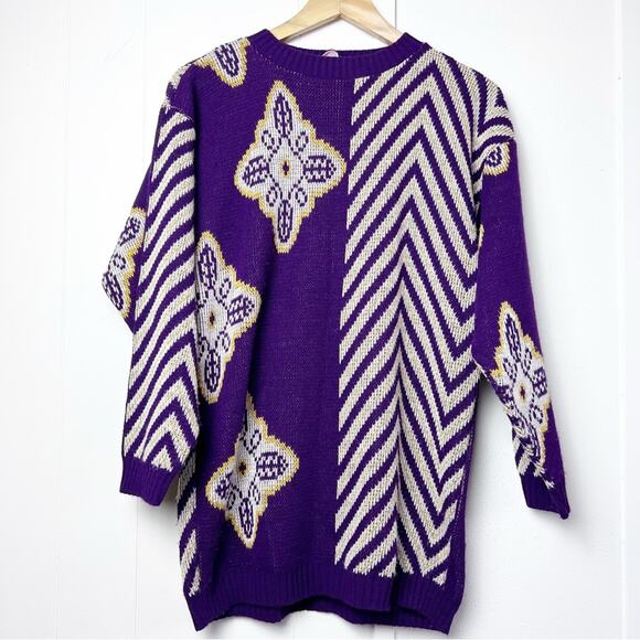 Vintage Purple Cream Multi Pattern Oversized Pullover Sweater Women’s Size Small - Picture 1 of 8